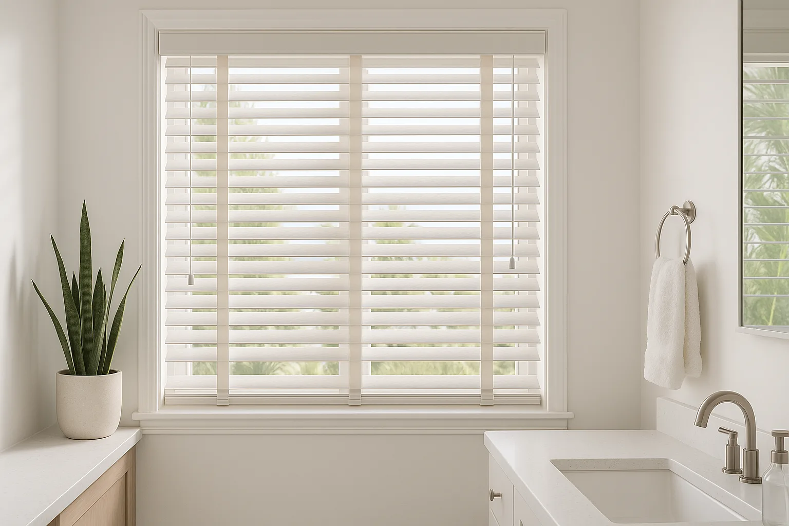 Moisture-resistant blinds in a Coronado waterfront home