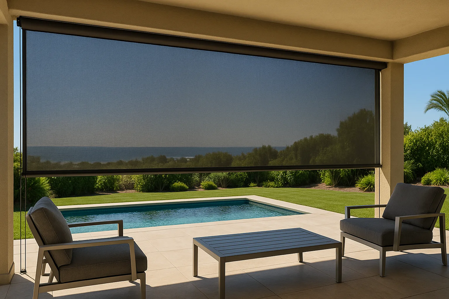 Outdoor roller shade on San Diego patio