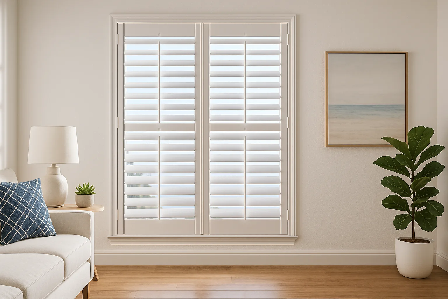 Custom plantation shutters in a San Diego living room