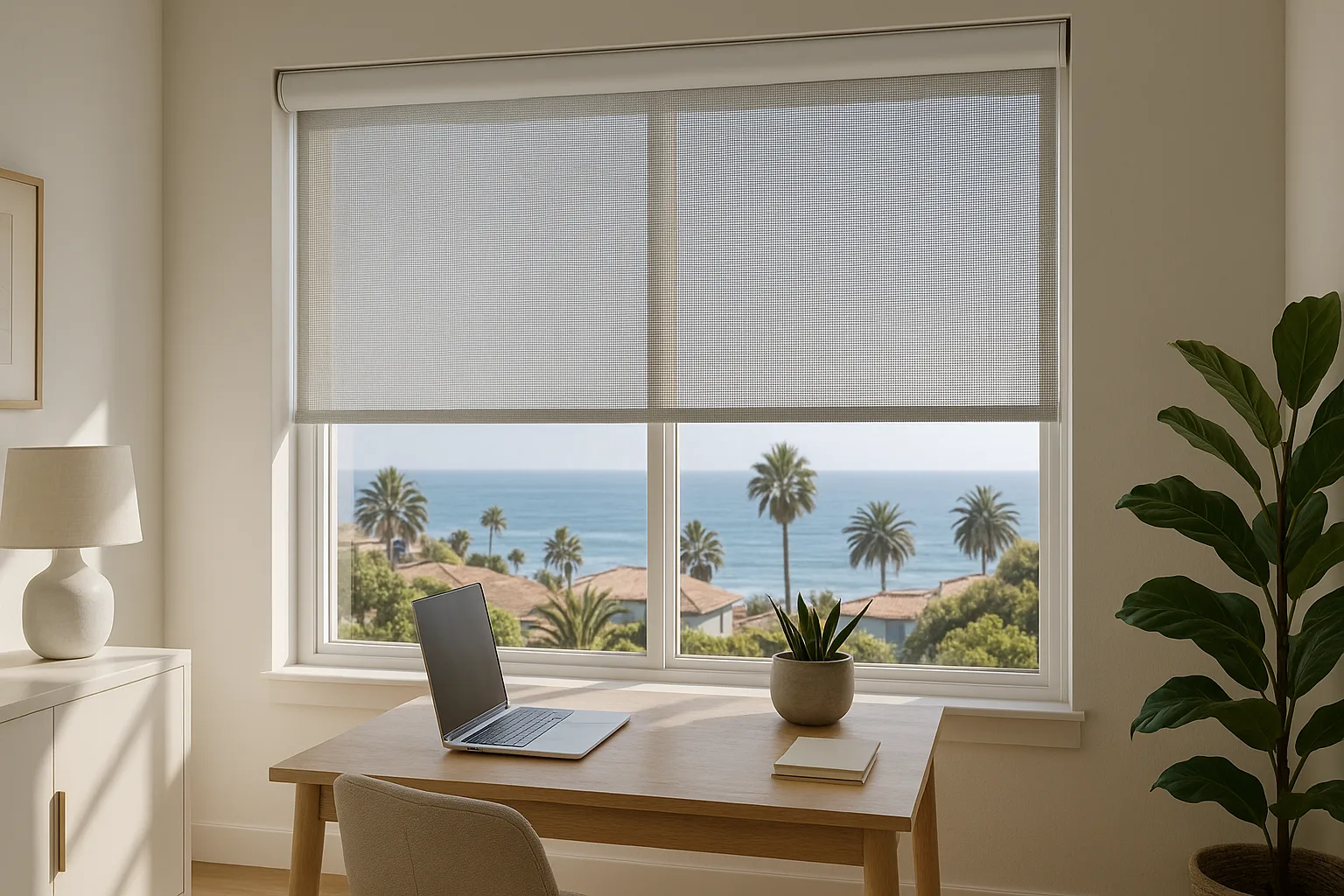 Solar roller shades preserving ocean views in a Del Mar home