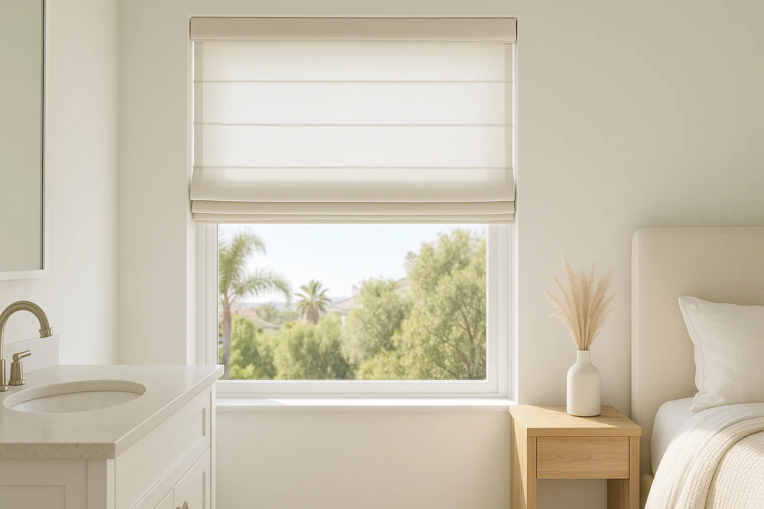 Soft Roman shade in a serene bedroom